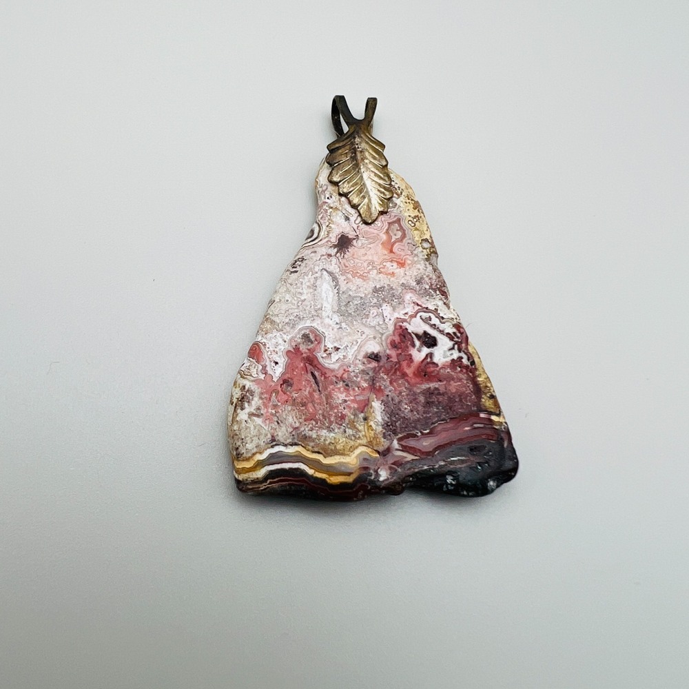 Hand Carved Stone Pendant Leaf Detail Natural Agate Freeform Earth Tone